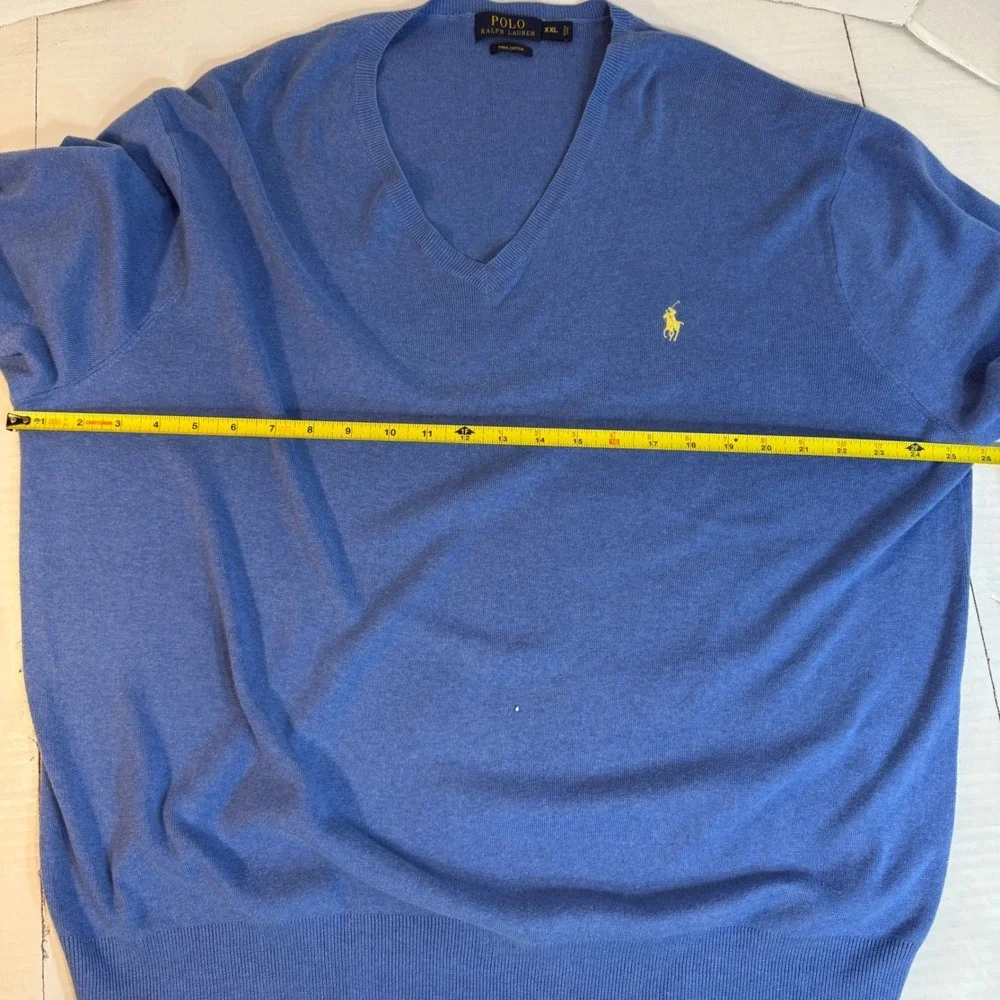 Ralph Lauren Men's 2XL Sweater Preppy Pony Blue Pima Cotton‎ V-neck Jumper EUC